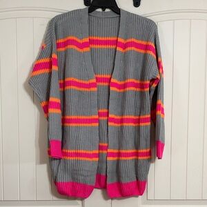 Gray Open-Front Cardigan with bright Pink and Orange Stripe Accents Size M NWOT